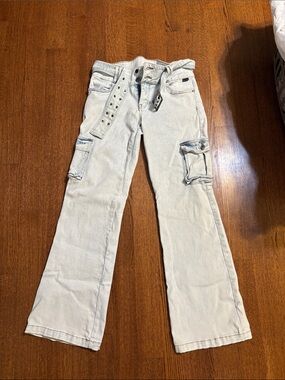 Cello Light Blue Wide-Leg Cargo Jeans with Studded Belt Detail